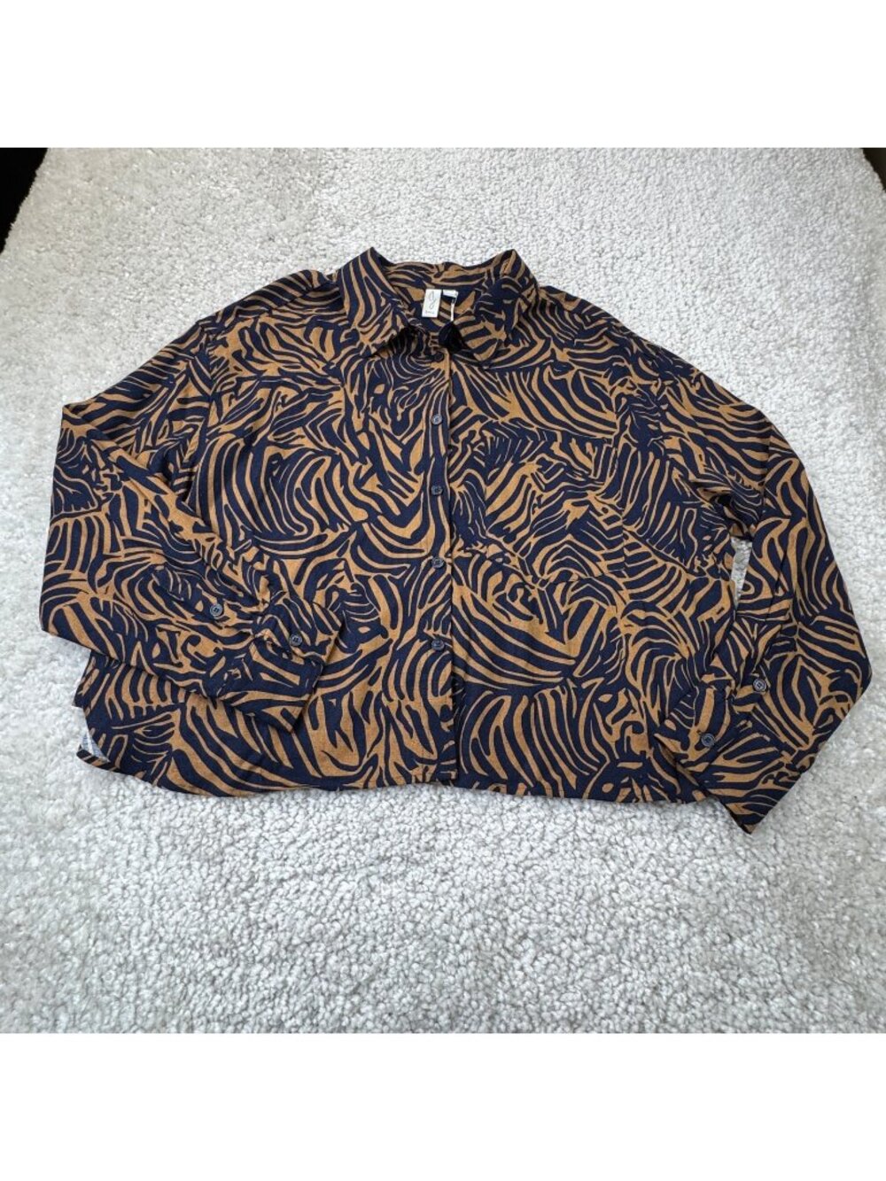 Joie Linen Blend Zebra Print Button Up Shirt Brown Navy Blue Womens XL